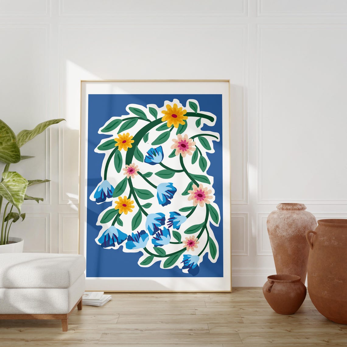 Blue Botanical Trailing Vine Yellow Pink Blooms Modern Floral Wall Art