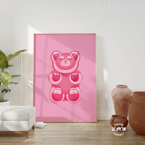 Pink Gummy Bear Wall Art Cute Poster Candy Artwork Fun Modern Decor For Kids Room Or Dorm