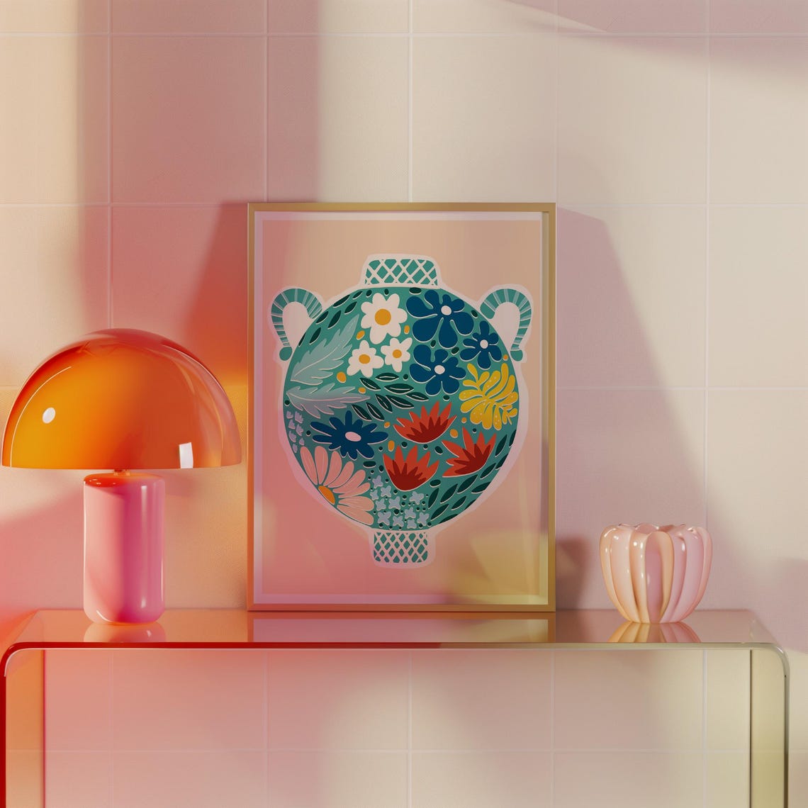 Teal Floral Vase Amphora Colorful Blooms Peach Boho Botanical Wall Art - Image 4