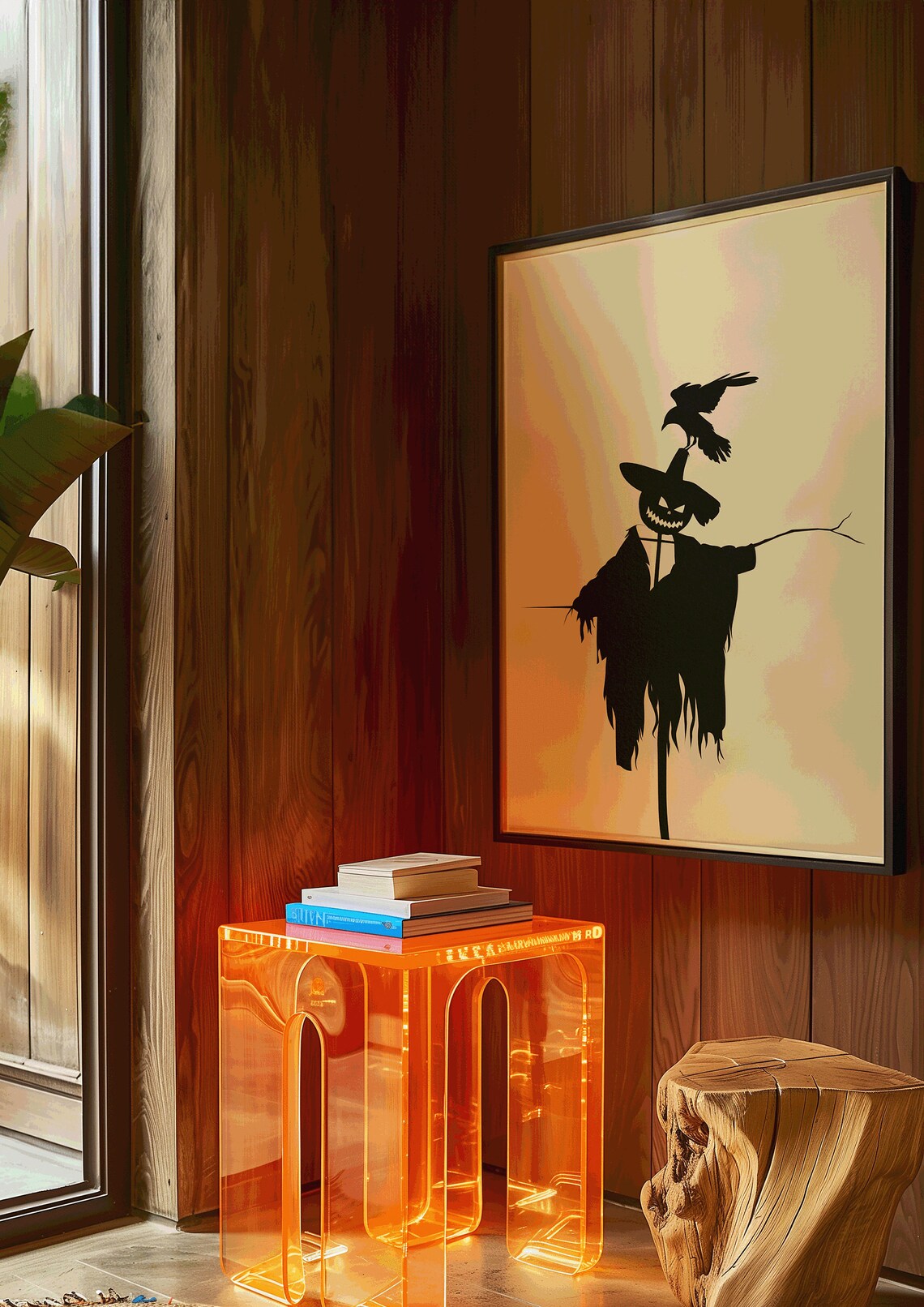 Scarecrow Silhouette Pumpkin Head Crow Black White Halloween Fall Print Poster - Image 3