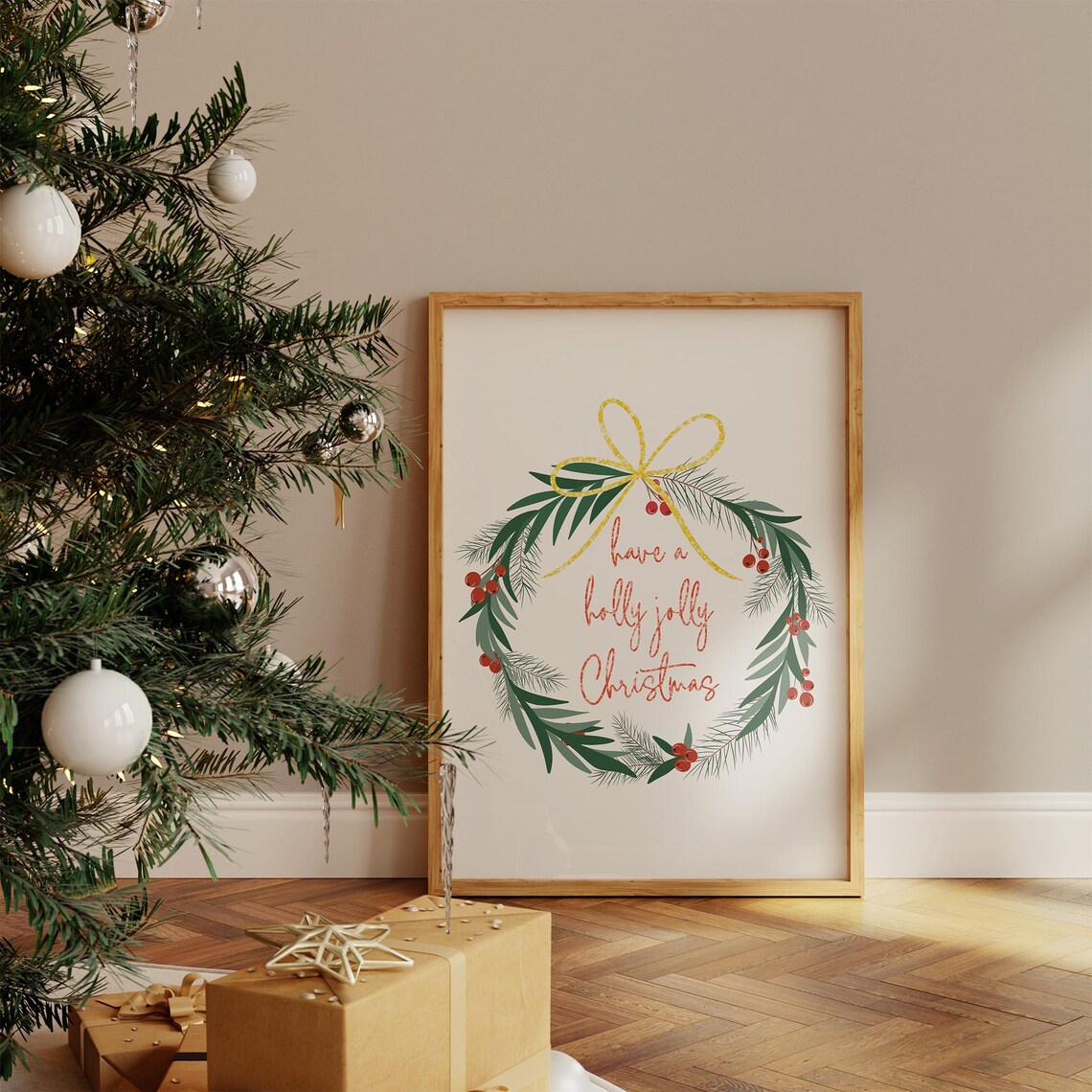 Holly Jolly Christmas Wreath Gold Bow Berries Festive Holiday Wall Art