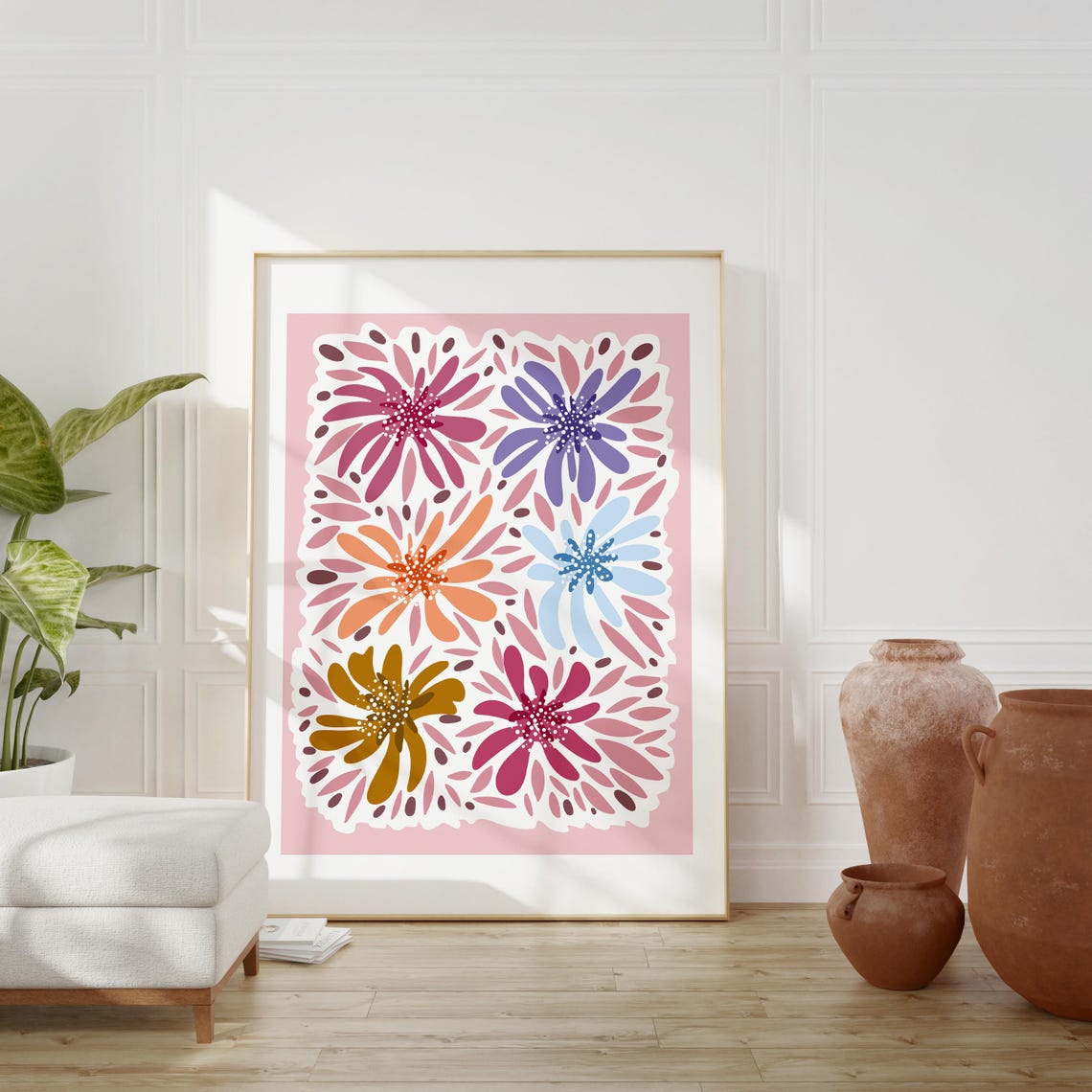 Six Colorful Retro Flowers Pink Background Boho Botanical Wall Art