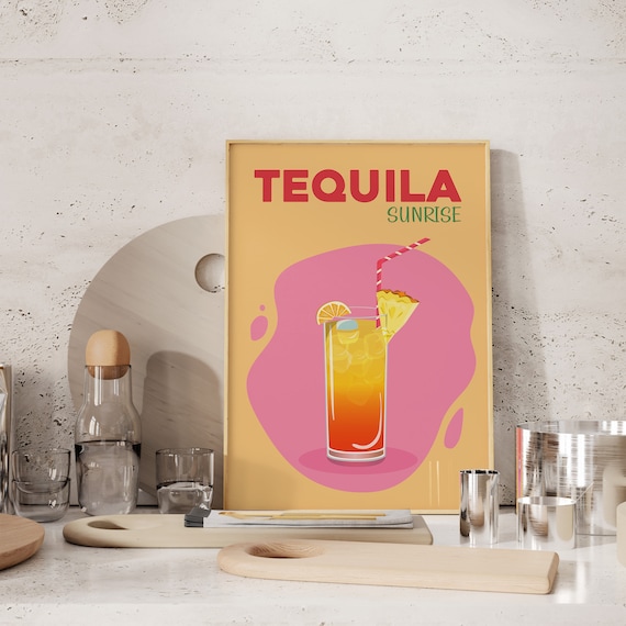 Tequila Sunrise Cocktail Retro Pink Yellow Bar Cart Drinks Poster