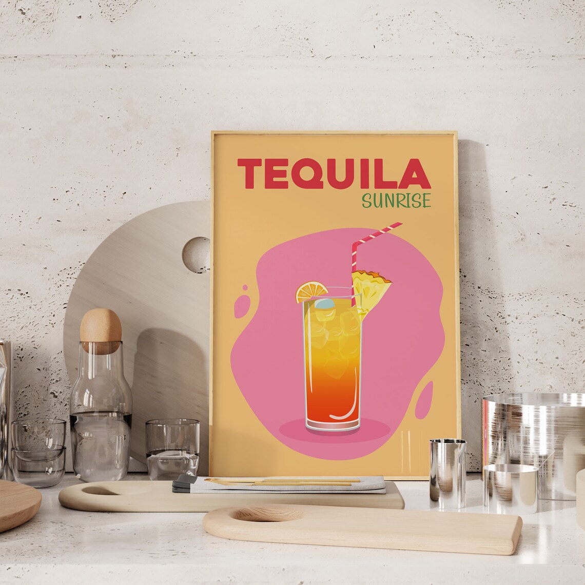 Tequila Sunrise Cocktail Retro Pink Yellow Bar Cart Drinks Poster