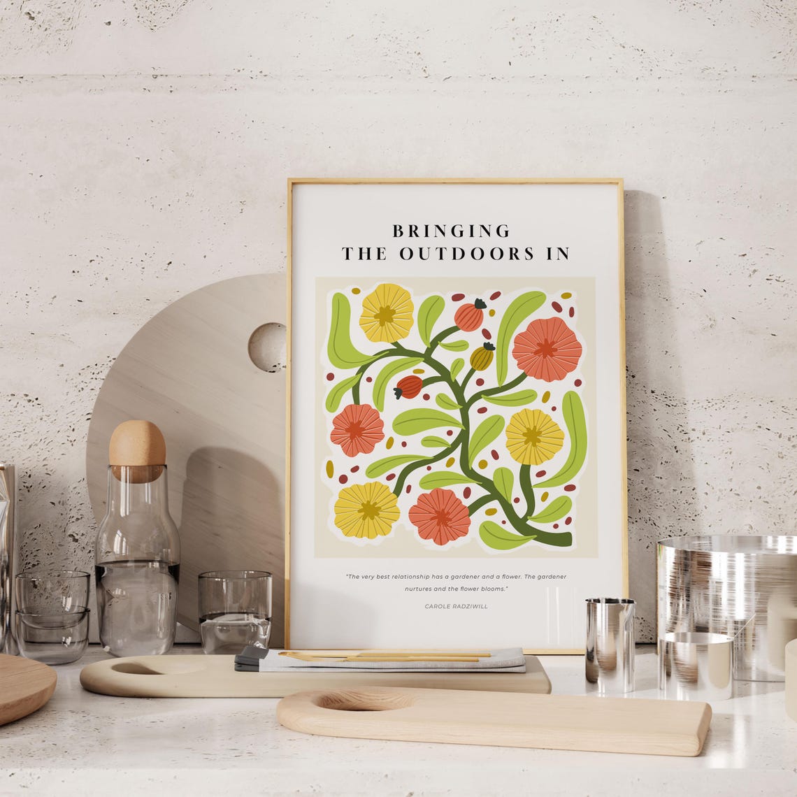 Bringing The Outdoors In Botanical Quote Yellow Red Floral Wall Print - Image 2