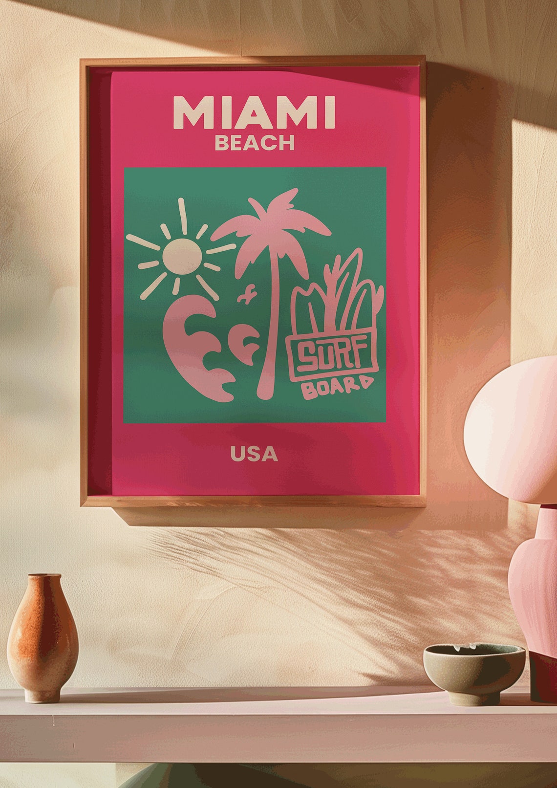 Miami Beach Retro Surf Tropical Palm Pink Teal Summer Travel Poster - Image 2