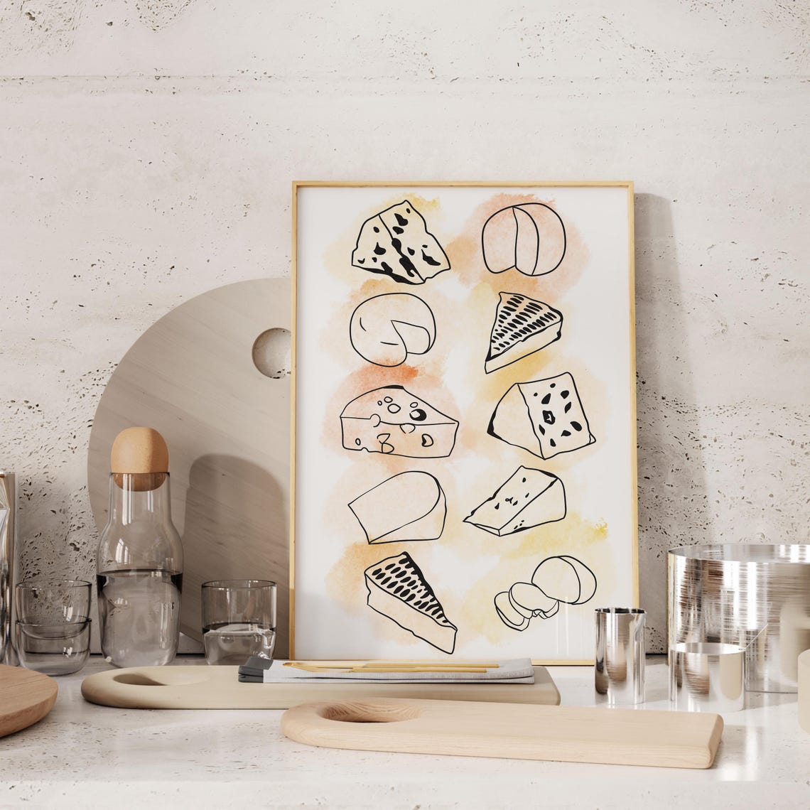 Cheese Varieties Minimalist Line Drawing Modern Kitchen Foodie Poster