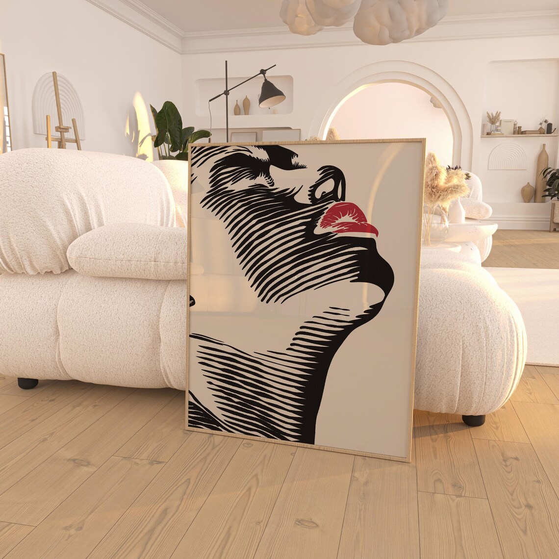 Woman Face Red Lips Striped Black Line Art Bold Modern Portrait Print