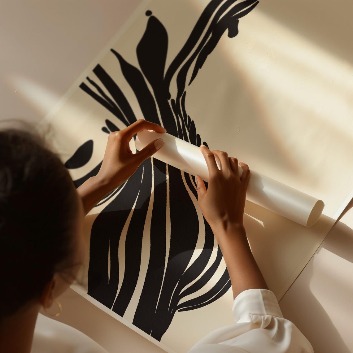Seated Figure Flowing Black Lines Beige Minimalist Modern Wall Art - Image 3