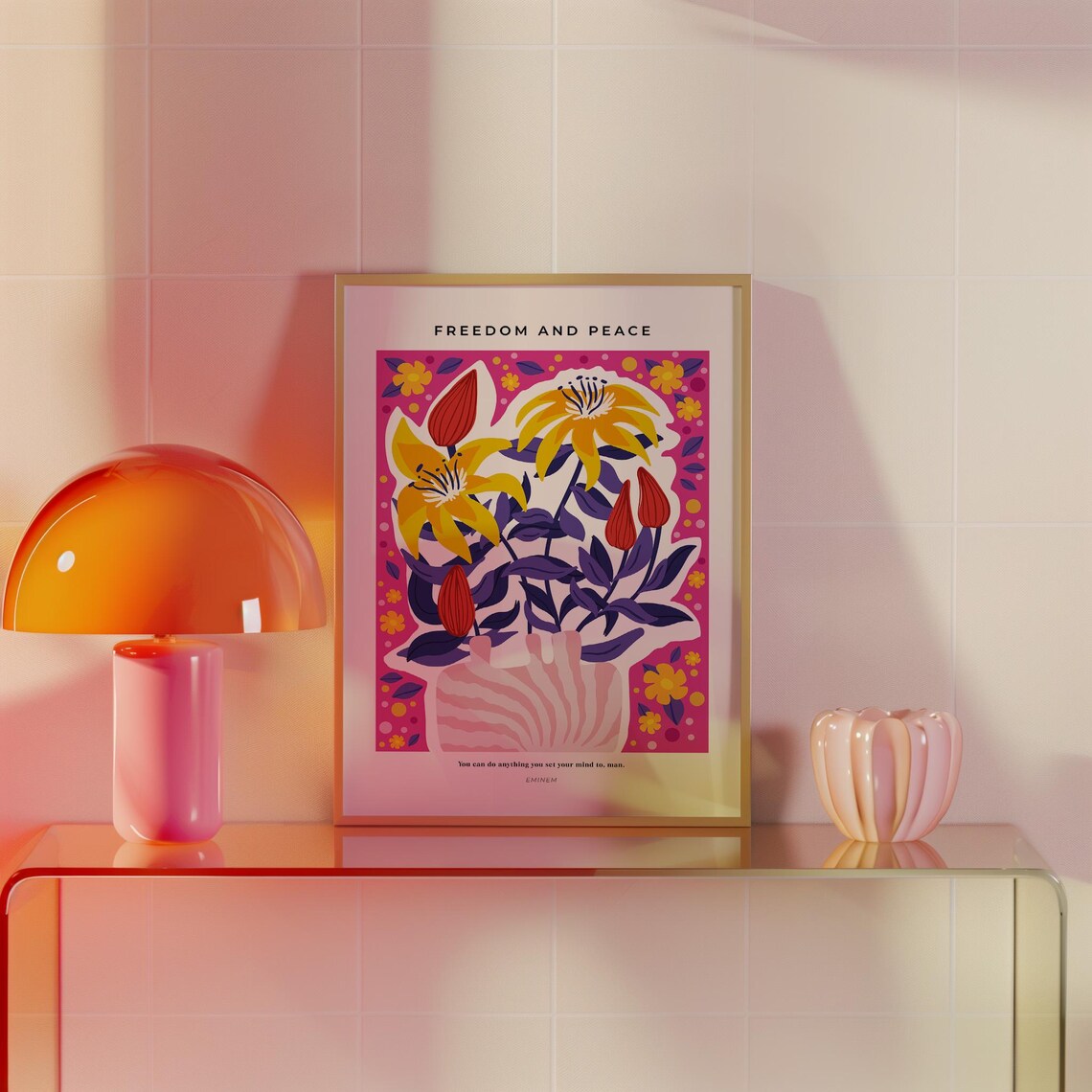 Freedom and Peace Yellow Lily Quote Pink Floral Botanical Poster - Image 3
