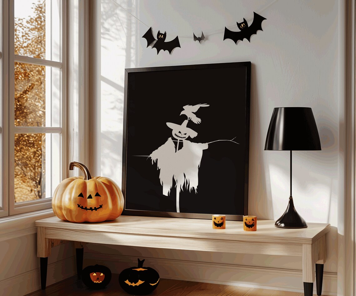 Scarecrow White Silhouette Black Background Pumpkin Crow Spooky Halloween Print - Image 3
