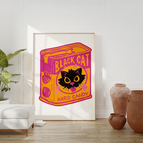Black Cat Hard Candy Vintage Tin Retro Kitchen Cat Illustration Poster