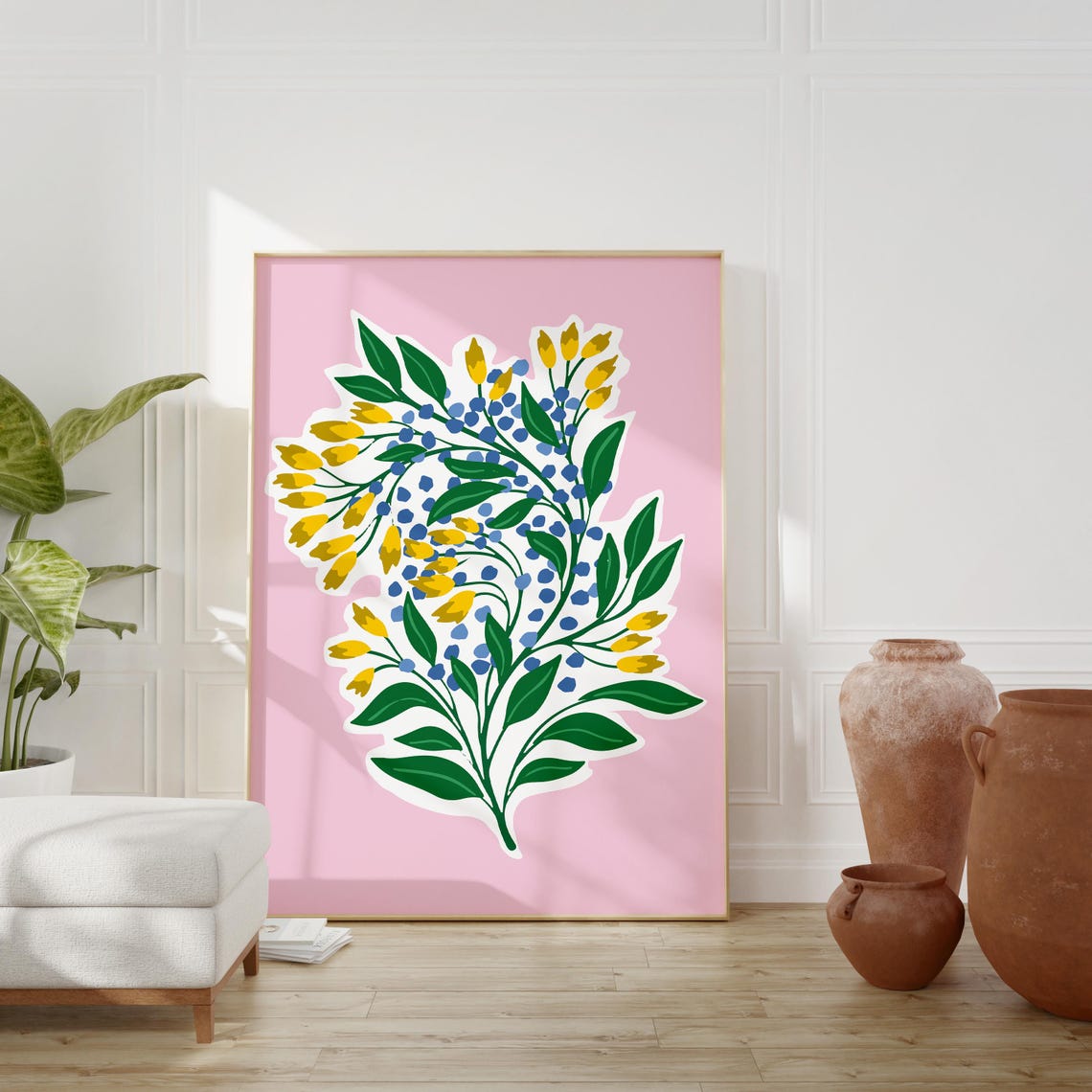 Yellow Buds Blue Berries Spring Botanical Pink Background Wall Art
