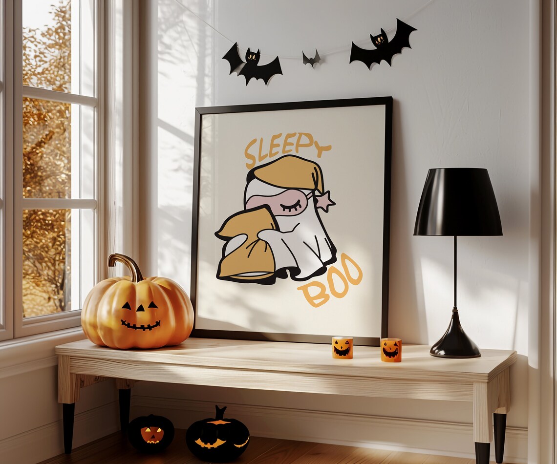 Sleepy Boo Cute Ghost Nightcap Cartoon Halloween Kids Nursery Wall Art Print - Image 2