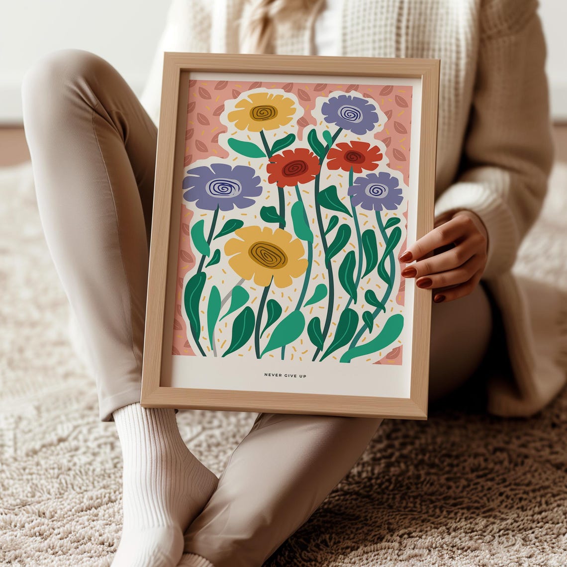 Never Give Up Folk Art Flowers Colorful Retro Botanical Bloom Poster - Image 3