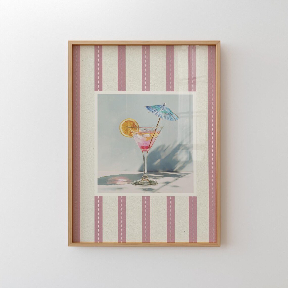Pink Cocktail Martini Glass Print Orange Slice Umbrella Retro Bar Decor Art
