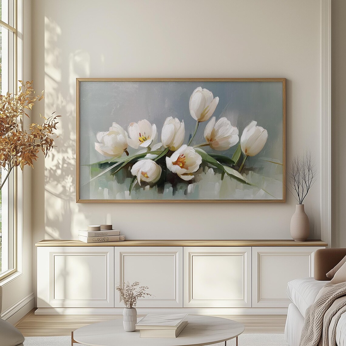 White Tulips Bouquet Soft Green Gray Floral Painting Art Poster