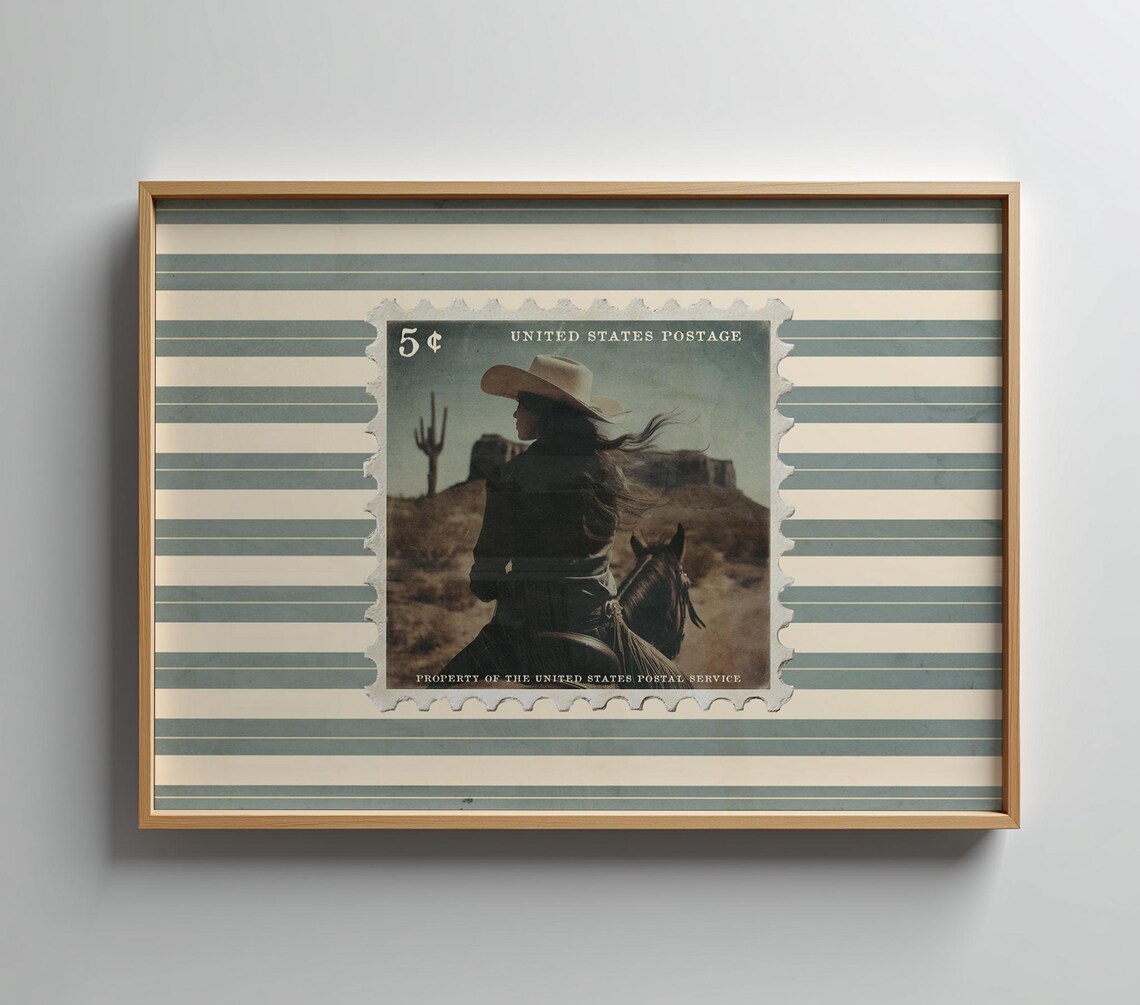 Cowgirl On Horseback Vintage US Postage Stamp Desert Western Poster