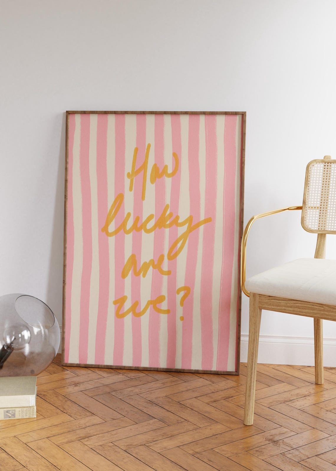 How Lucky Are We Gold Script Pink Stripe Trendy Retro Quote Poster