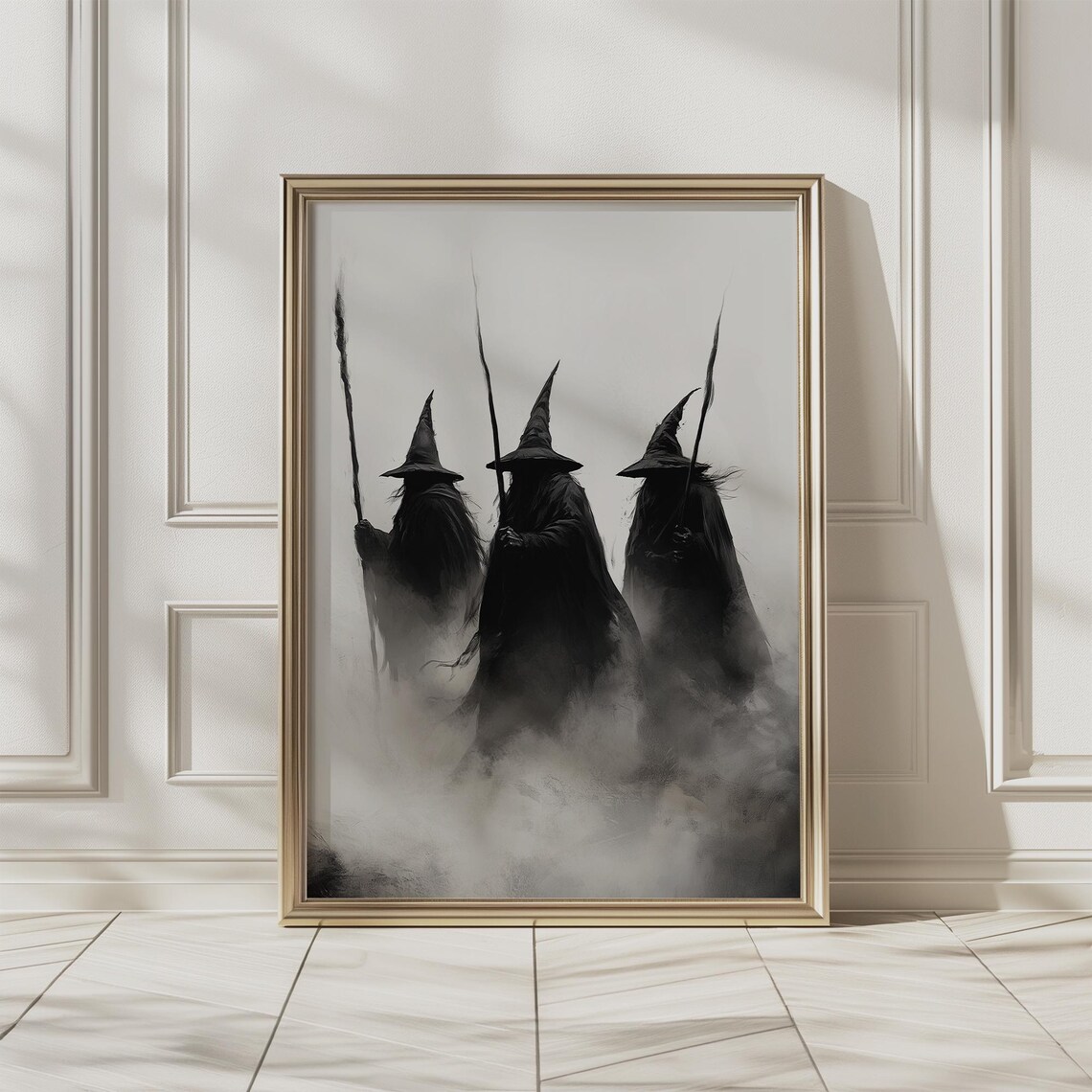 Three Witches Silhouettes Walking In Misty Halloween Night Art Poster