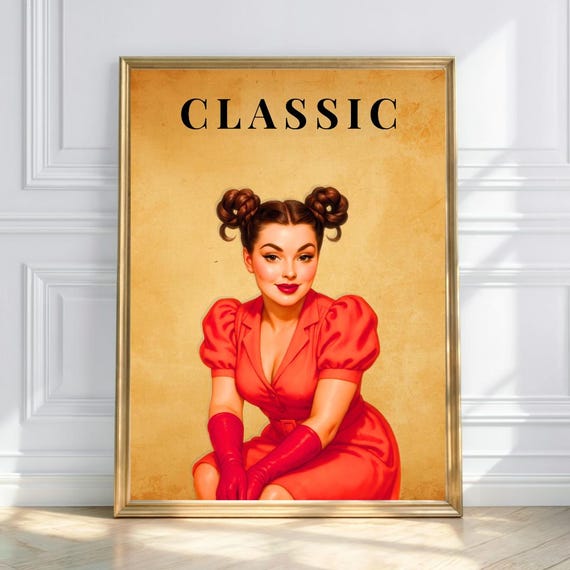 Classic Retro Pinup Art Vintage 1950s Girl Poster Red Dress Glam Print
