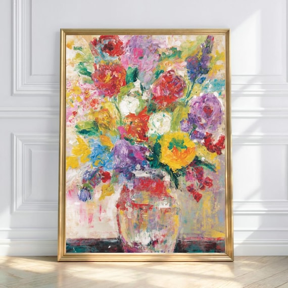 Colorful Flower Bouquet Vase Impressionist Floral Painting Wall Art