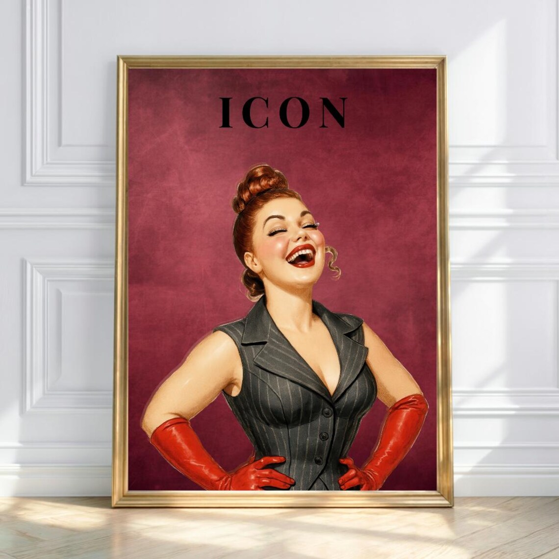 Icon Vintage Pinup Laughing Girl Burgundy 1950s Retro Glam Poster