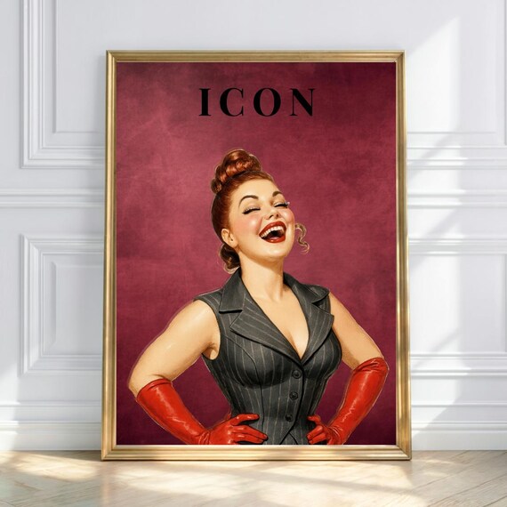 Icon Vintage Pinup Laughing Girl Burgundy 1950s Retro Glam Poster