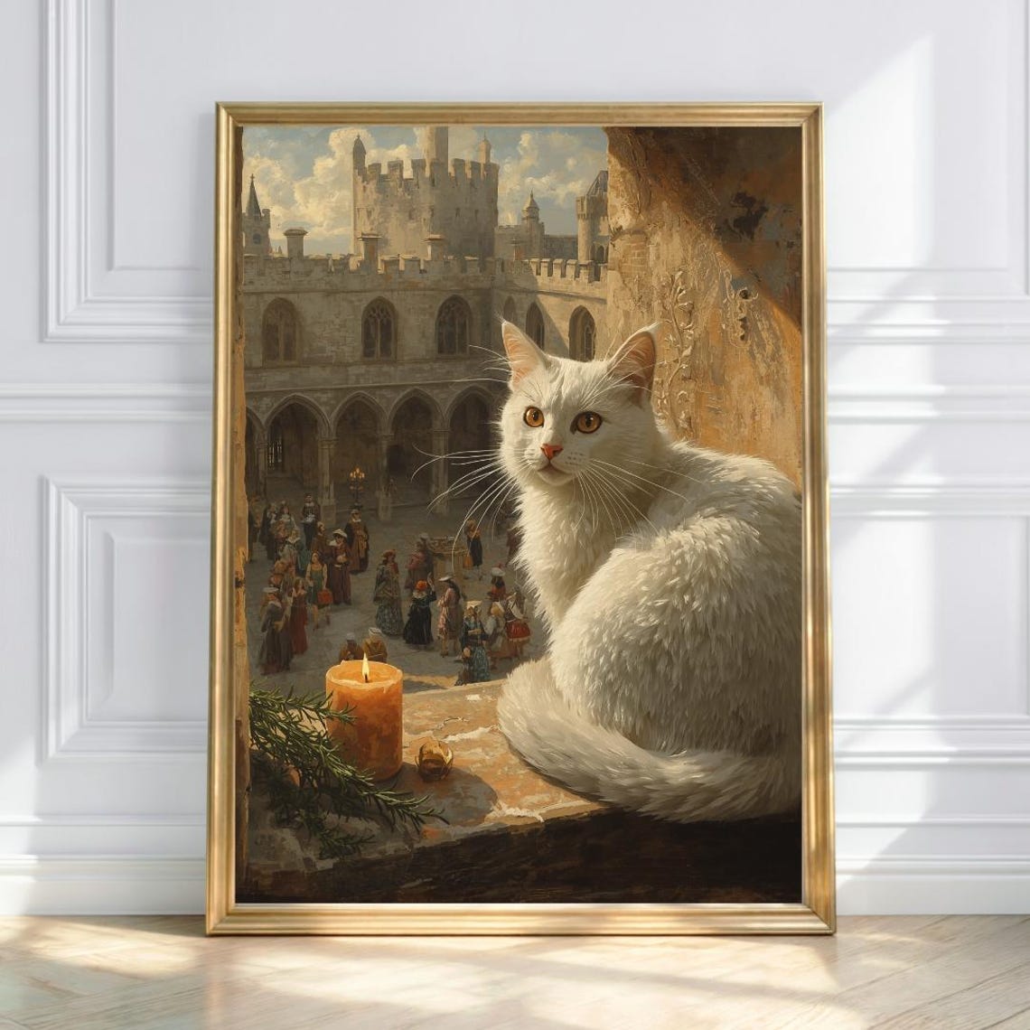 White Cat in Medieval Castle Courtyard Fantasy Portrait Art Poster