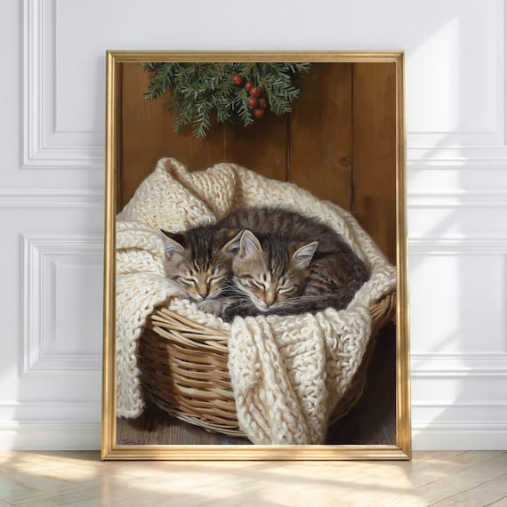 Sleeping Kittens in Wicker Basket Knit Blanket Christmas Poster