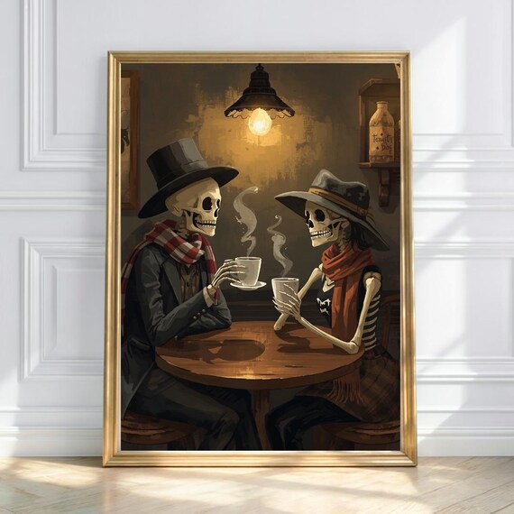 Gothic Skeleton Couple Print Spooky Cafe Wall Art