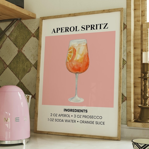 Aperol Spritz Watercolor Recipe Art Print Pink Cocktail Bar Cart Decor