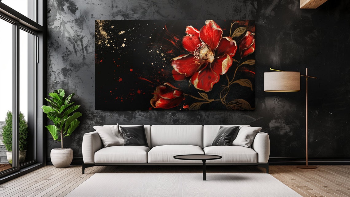 Red Flowers Gold Leaf Black Background Dramatic Floral Wall Art