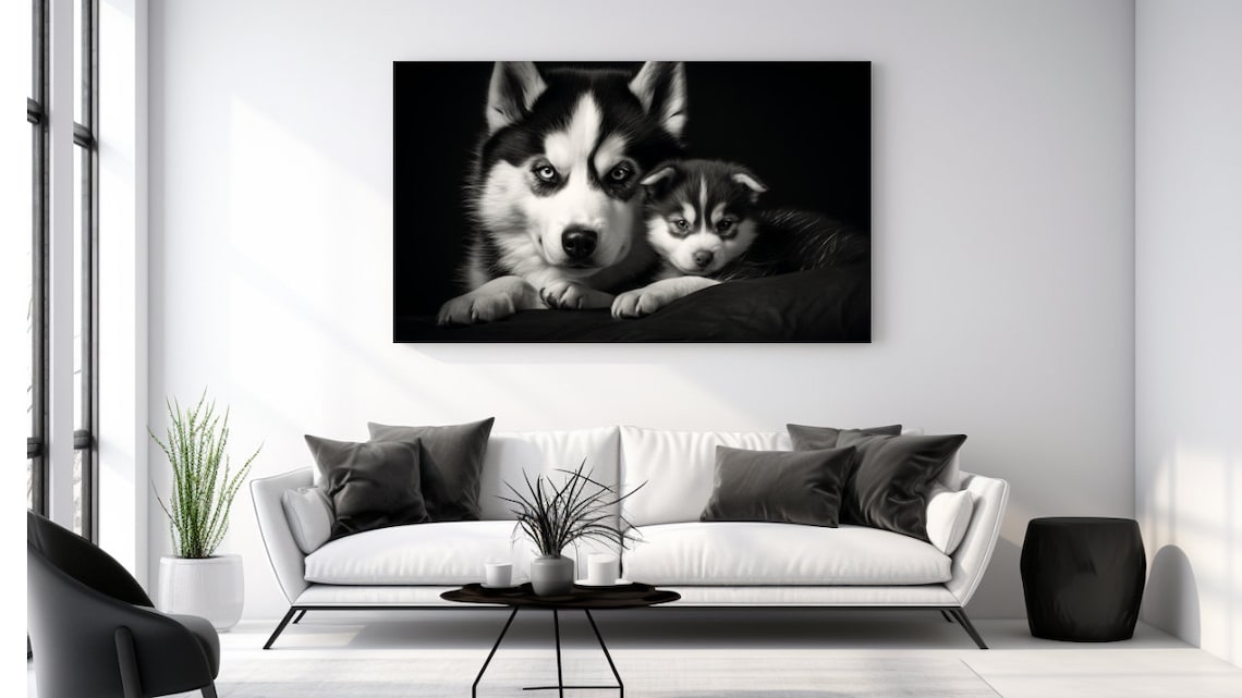Siberian Husky Mother And Puppy Black And White Dog Portrait Poster