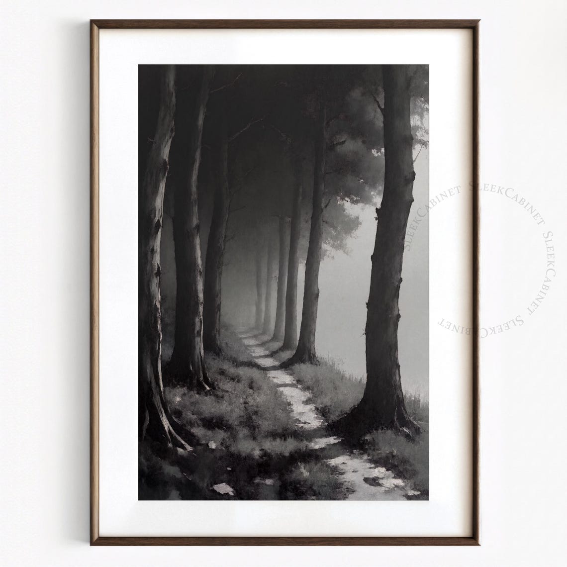 Black and White Misty Forest Path Trees Moody Nature Art Poster - Image 2
