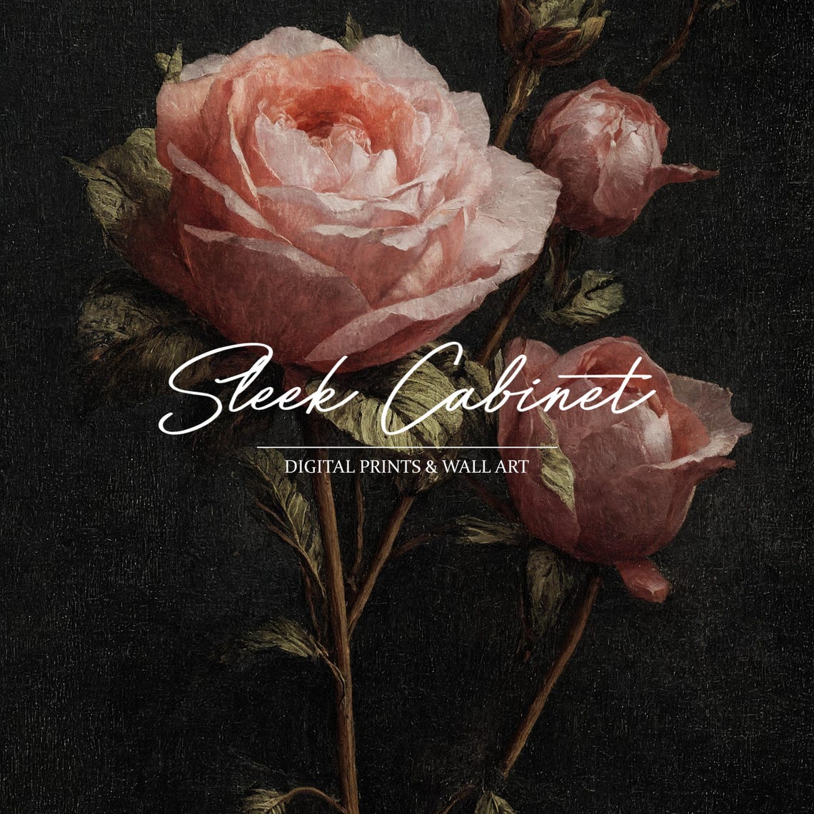 Pink Rose Stem with Buds Dark Background Moody Floral Poster - Image 4