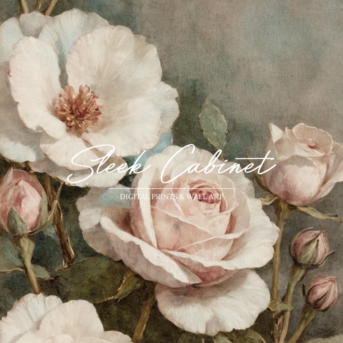 White and Blush Roses with Buds Soft Vintage Botanical Print - Image 4
