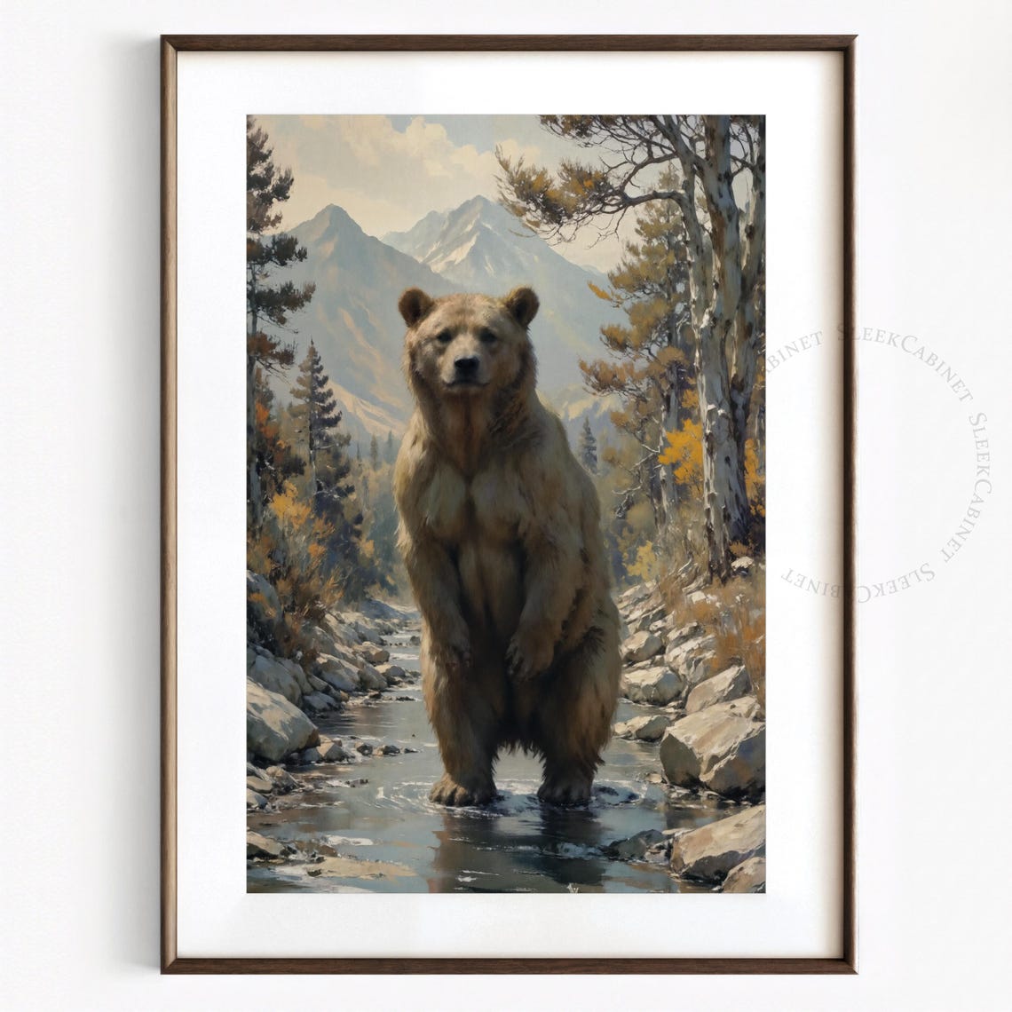 Brown Bear Standing Mountain Stream Pine Peaks Wildlife Poster - Image 2