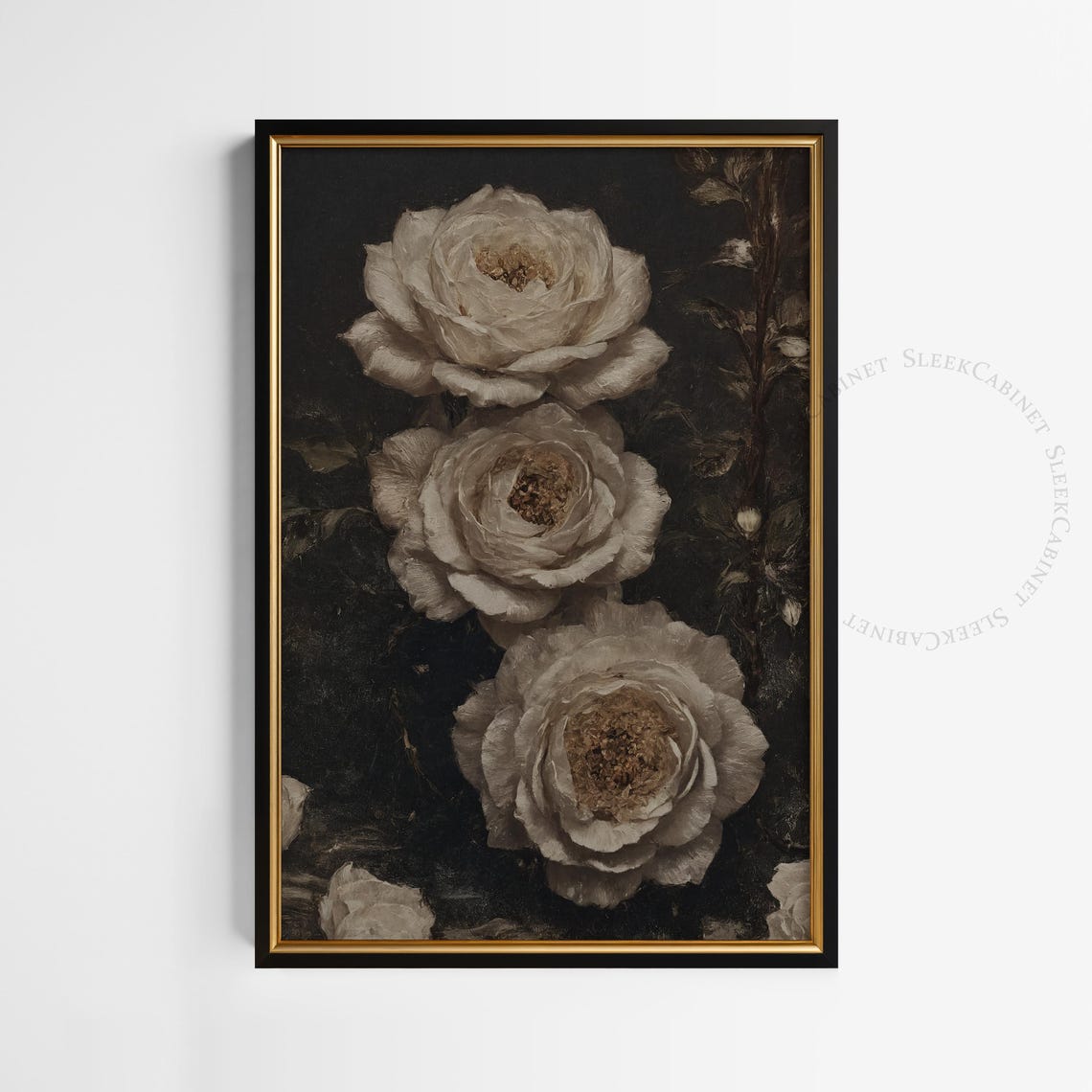 Three Ivory Roses on Black Dark Romantic Vintage Floral Poster - Image 2