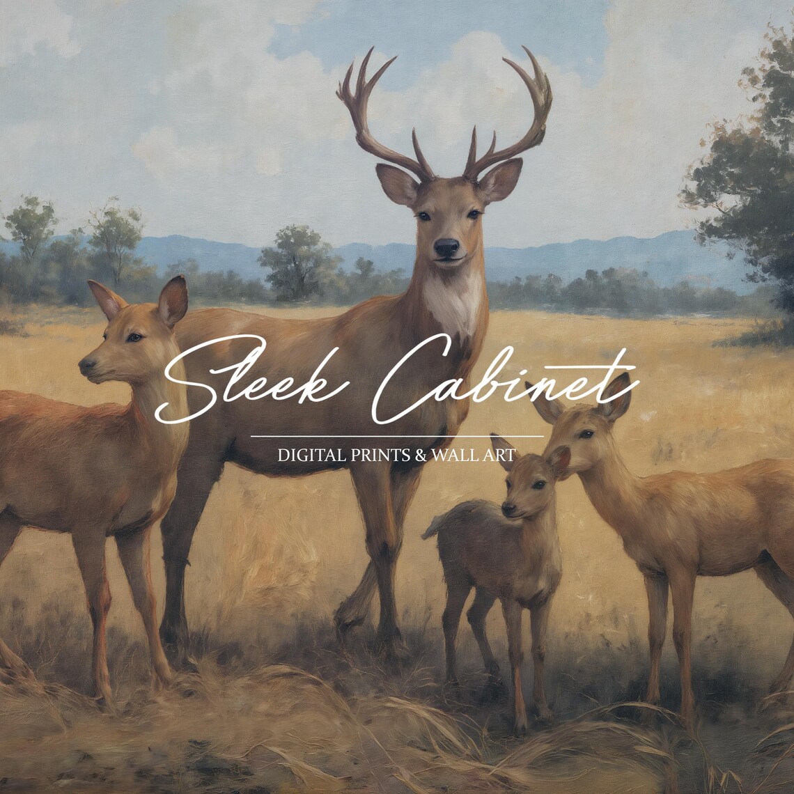 Deer Family Stag Does Fawn Golden Meadow Vintage Wildlife Poster - Image 4