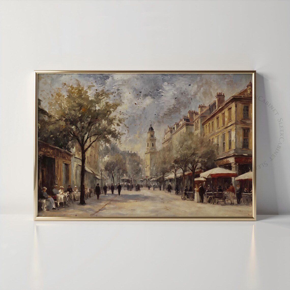 Paris Street Cafe Scene Church Tower Vintage Oil Painting Poster