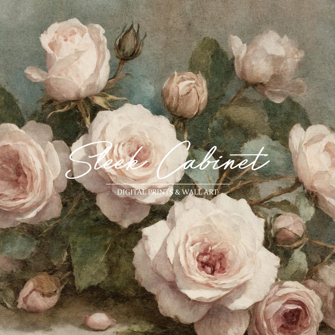 Soft Blush Roses Sage Green Background Vintage Botanical Wall Art - Image 4