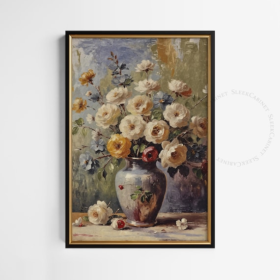 Mixed Bouquet White and Yellow Roses in Vase Vintage Floral Poster