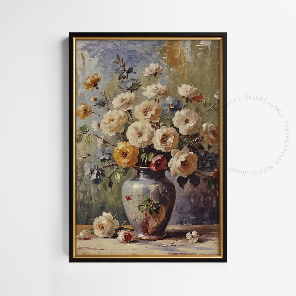 Mixed Bouquet White and Yellow Roses in Vase Vintage Floral Poster