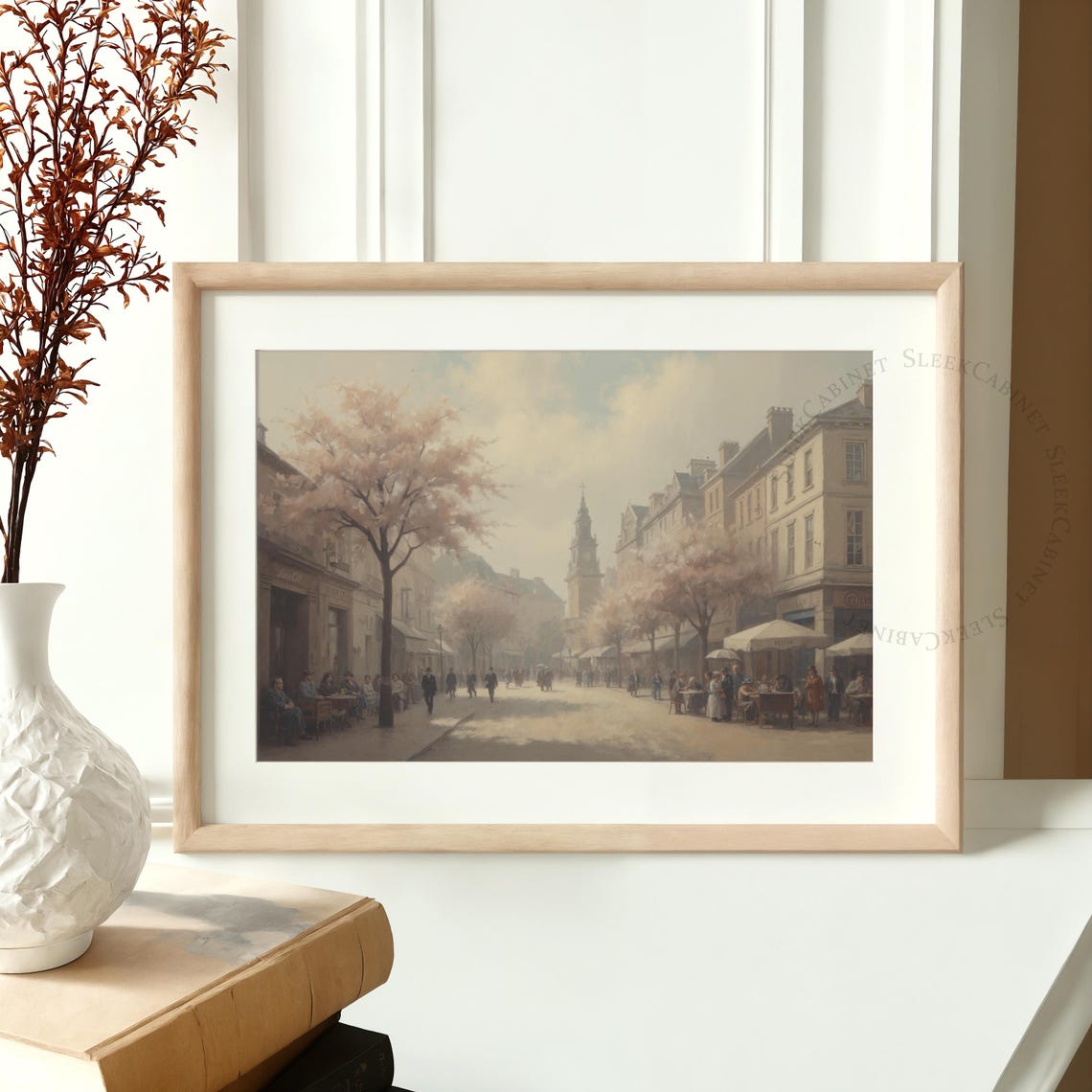 City Street Painting Blossoming Trees Vintage Oil Painting Home Decoration Wall Art Art For Print Art Begzk - Image 2