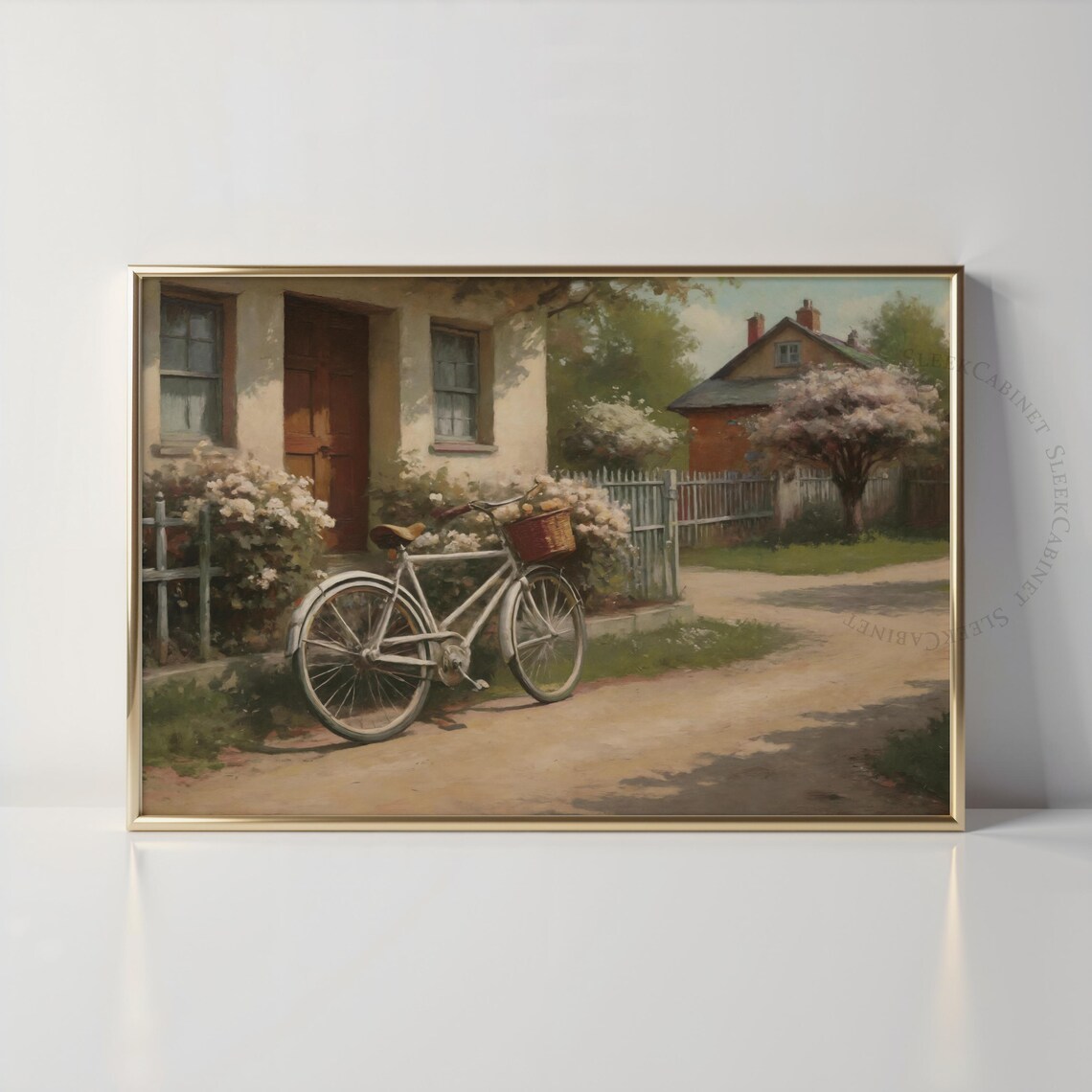 Bicycle In The Village Street Vintage Oil Painting Art Print