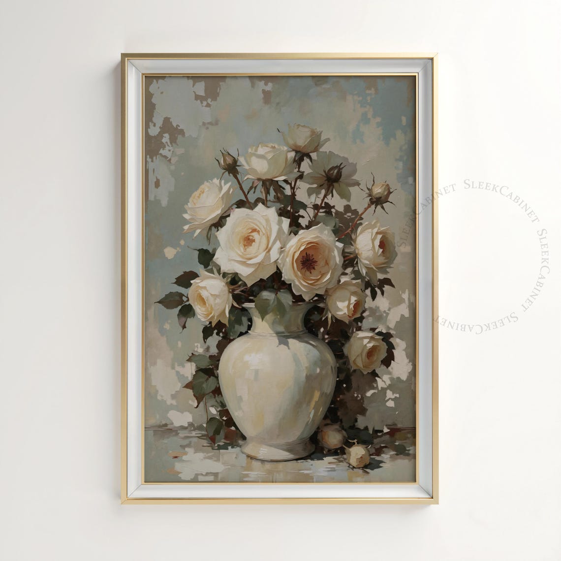White Roses in Vase Soft Impressionist Floral Still Life Poster