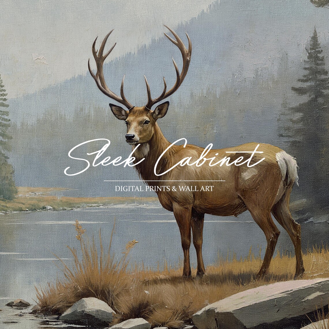 Majestic Stag Mountain Lake Pine Forest Vintage Wildlife Poster - Image 3