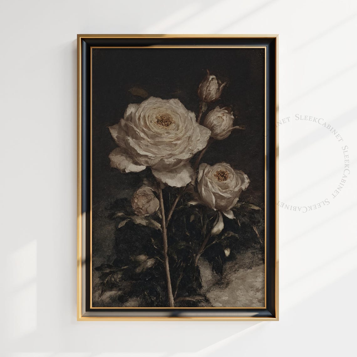 Two Ivory Roses and Buds on Black Vintage Floral Still Life Print