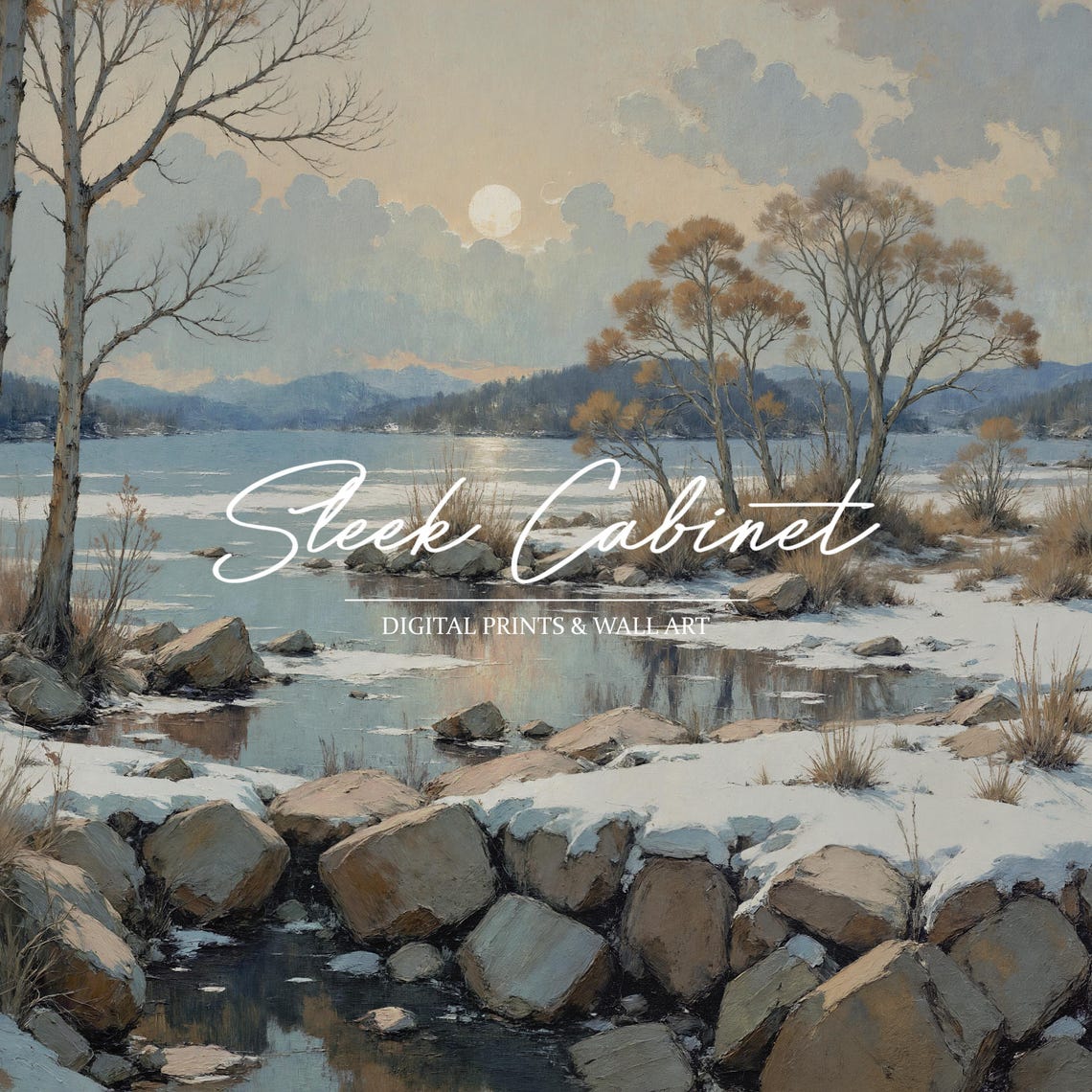 Moonlit Winter Lake Rocky Shore Birch Trees Snow Landscape Poster - Image 4